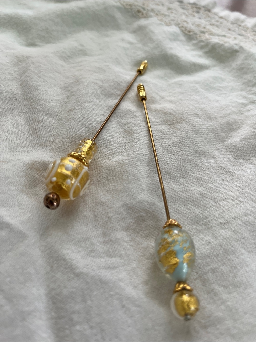 Gold and Blue Glass Drop Stick Earrings - Unbranded